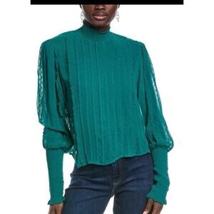 NWT Farm Rio Emerald Ruffled Smocked Blouse M High Boho Swiss Dot Sheer Lined